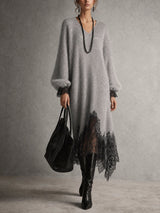 Noémie | Robe pull en maille scintillante à ourlet en dentelle