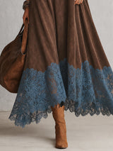 Camille | Robe longue effet daim à ourlet en dentelle