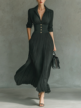 Robe longue plissée de luxe avec ceinture ajustable et col tailleur