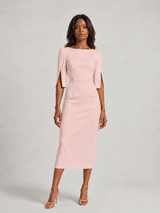Robe élégante mi-longue à manches fendues ornées de perles