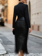 JIMENA | Robe midi avec haut façon blazer, paillettes et franges en noir