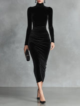 Robe Midi en Velours Noir Élégance – Luxe Intemporel