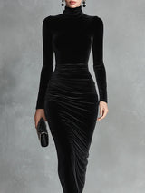 Robe Midi en Velours Noir Élégance – Luxe Intemporel