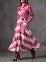 Elena | Robe chemise satinée à jupe rayée