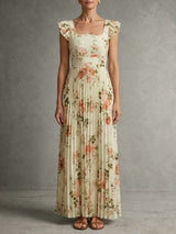 Élégance Romantique – Robe Longue Plissée Fleurie