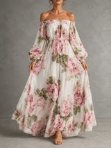 Pivoine | Robe Maxi Fleurie Épaules Dénudées, Manches Longues