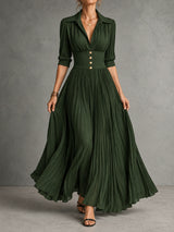Robe longue plissée de luxe avec ceinture ajustable et col tailleur