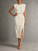 Sophie™ | Robe midi ajustée avec boutons dorés