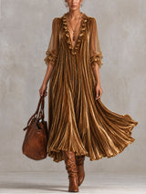Gold Velvet Deep V-Neck Ruffle Trim Sheer Chiffon Sleeve Midi Dress