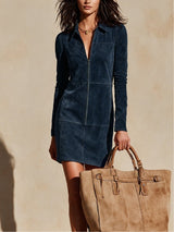 Navy half-zip straight-cut suede mini dress