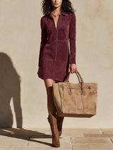 Navy half-zip straight-cut suede mini dress