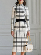 Grid Print Mock Neck Sheath Midi Dress