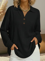 Stylish Solid-Color Loose-Fit Long-Sleeve Waffle-Knit Pullover with V-Neck and Buttons