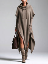 Waffle-knit hooded long dress with side zips