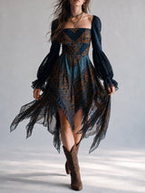 Navy Bohemian Paisley Print Handkerchief Hem Dress