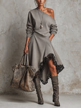Grey Relaxed Asymmetric One Shoulder Black Lace Trim Midi Dress