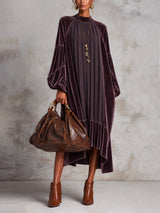 Purple Oversized Velvet Patchwork Pleated Chiffon Midi Dress