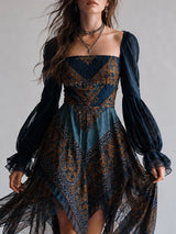 Navy Bohemian Paisley Print Handkerchief Hem Dress