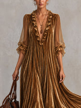 Gold Velvet Deep V-Neck Ruffle Trim Sheer Chiffon Sleeve Midi Dress