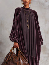Purple Oversized Velvet Patchwork Pleated Chiffon Midi Dress