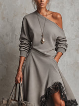 Grey Relaxed Asymmetric One Shoulder Black Lace Trim Midi Dress