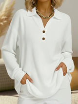 Stylish Solid-Color Loose-Fit Long-Sleeve Waffle-Knit Pullover with V-Neck and Buttons
