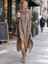 Waffle-knit hooded long dress with side zips