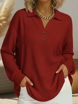 Stylish Solid-Color Loose-Fit Long-Sleeve Waffle-Knit Pullover with V-Neck and Buttons