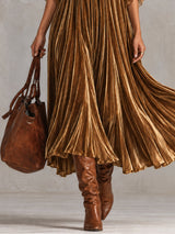 Gold Velvet Deep V-Neck Ruffle Trim Sheer Chiffon Sleeve Midi Dress