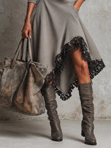 Grey Relaxed Asymmetric One Shoulder Black Lace Trim Midi Dress