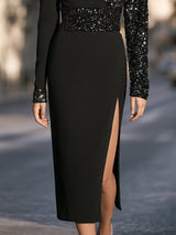Elegant Black Asymmetrical Sequin-Paneled Midi Dress