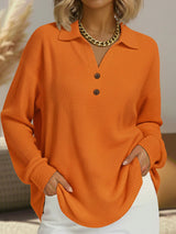Stylish Solid-Color Loose-Fit Long-Sleeve Waffle-Knit Pullover with V-Neck and Buttons