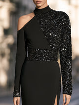 Elegant Black Asymmetrical Sequin-Paneled Midi Dress