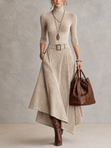 Amélie | Ensemble top col roulé et jupe asymétrique effet daim