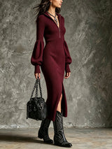 Women's Stand-Collar Zippered Lantern Sleeves Knit Slit Dress