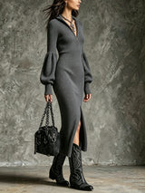 Women's Stand-Collar Zippered Lantern Sleeves Knit Slit Dress