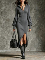 Women's Stand-Collar Zippered Lantern Sleeves Knit Slit Dress