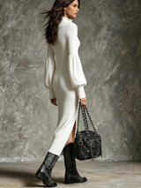 Women's Stand-Collar Zippered Lantern Sleeves Knit Slit Dress