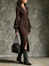 Women's Stand-Collar Zippered Lantern Sleeves Knit Slit Dress