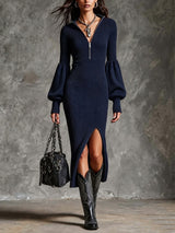 Women's Stand-Collar Zippered Lantern Sleeves Knit Slit Dress