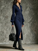 Women's Stand-Collar Zippered Lantern Sleeves Knit Slit Dress