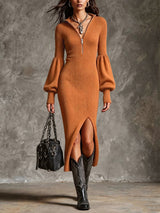 Women's Stand-Collar Zippered Lantern Sleeves Knit Slit Dress