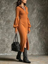 Women's Stand-Collar Zippered Lantern Sleeves Knit Slit Dress