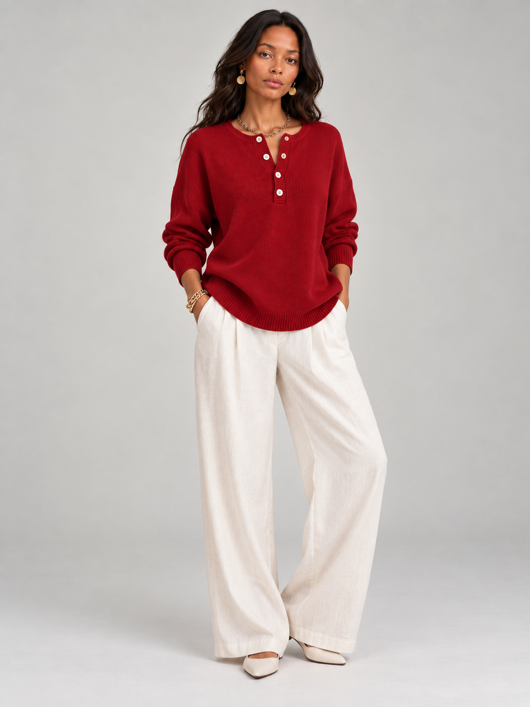Helen™ | Knit Jumper with Henley Buttons