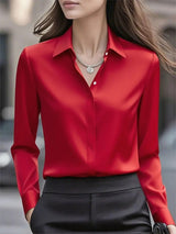 Solid color long-sleeved versatile shirt with lapel satin shirt
