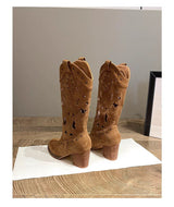 Suede chunky heel embroidered openwork Western boots