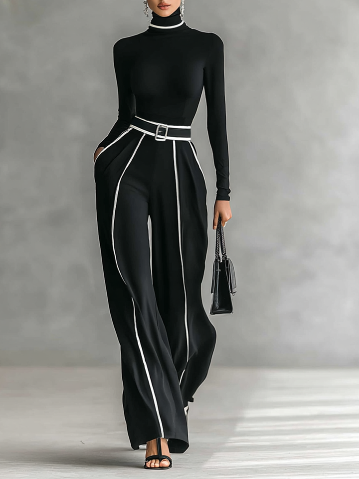 Two-Piece Set with High-Neck Top and Belted Wide-Leg Trousers