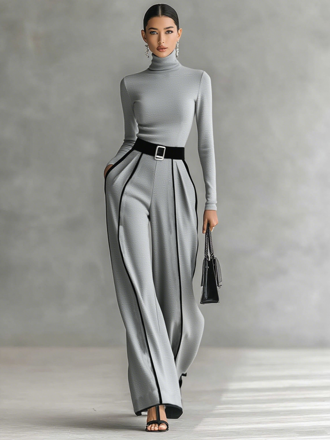 Two-Piece Set with High-Neck Top and Belted Wide-Leg Trousers
