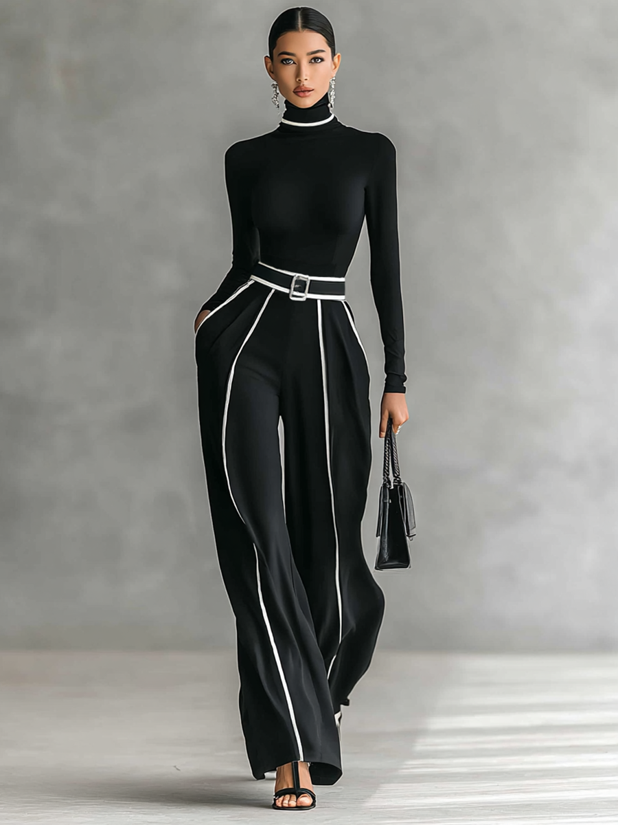 Two-Piece Set with High-Neck Top and Belted Wide-Leg Trousers