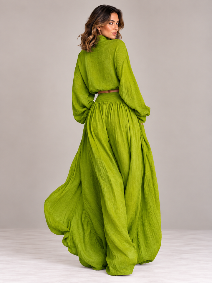 Luxurious Two-Piece Linen Set with High Waist and Flowing Fit
